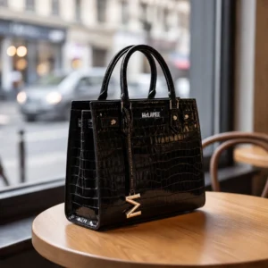 Black crocodile-textured McLANEE handbag with top handles and gold-tone details on a cafe table