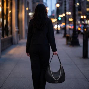 Black McLANEE Estelle crescent hobo bag with silver chain detailing, carried by a woman wearing a black outfit on a city street.